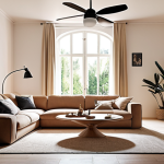 **Image Prompt:** A stylish living room in France, featuring a modern ceiling fan seamlessly integrated into the decor. Soft, diffused lighting and comfortable furniture suggest a relaxing atmosphere, with a subtle breeze implied. Focus on the aesthetic appeal and harmonious integration of the fan within the room's design.