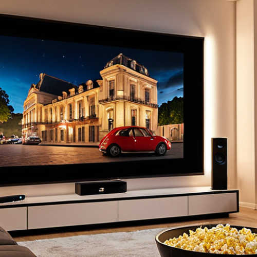 Home 15 **
A cozy home cinema setup in a modern French living room. Focus on the 4K projector casting a vibrant movie scene onto a large screen. Include comfortable seating, soft lighting, and a bowl of popcorn. The overall ambiance should evoke a feeling of immersion and relaxation.
**