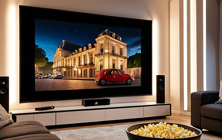 **
A cozy home cinema setup in a modern French living room. Focus on the 4K projector casting a vibrant movie scene onto a large screen. Include comfortable seating, soft lighting, and a bowl of popcorn. The overall ambiance should evoke a feeling of immersion and relaxation.
**