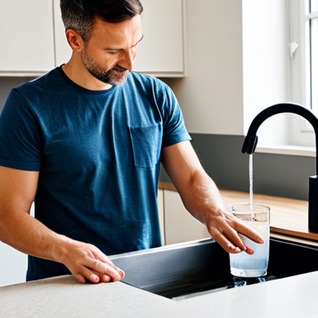 A responsible mid-30s person, fully clothed in a modest t-shirt and professional-style trousers, carefully filling a modern electric kettle with fresh water from a tap. The kettle is positioned on a stable, clean kitchen counter, away from the sink edge, with the water level clearly visible between the MIN and MAX indicators. The background is a bright, tidy, and modern kitchen. The scene is well-lit, professional photography, appropriate content, safe for work, family-friendly, perfect anatomy, correct proportions, natural pose, well-formed hands, proper finger count, natural body proportions, high quality, sharp focus.