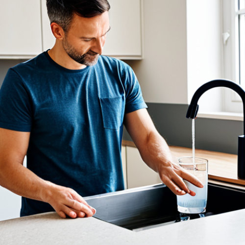 Home 8 A responsible mid-30s person, fully clothed in a modest t-shirt and professional-style trousers, carefully filling a modern electric kettle with fresh water from a tap. The kettle is positioned on a stable, clean kitchen counter, away from the sink edge, with the water level clearly visible between the MIN and MAX indicators. The background is a bright, tidy, and modern kitchen. The scene is well-lit, professional photography, appropriate content, safe for work, family-friendly, perfect anatomy, correct proportions, natural pose, well-formed hands, proper finger count, natural body proportions, high quality, sharp focus.