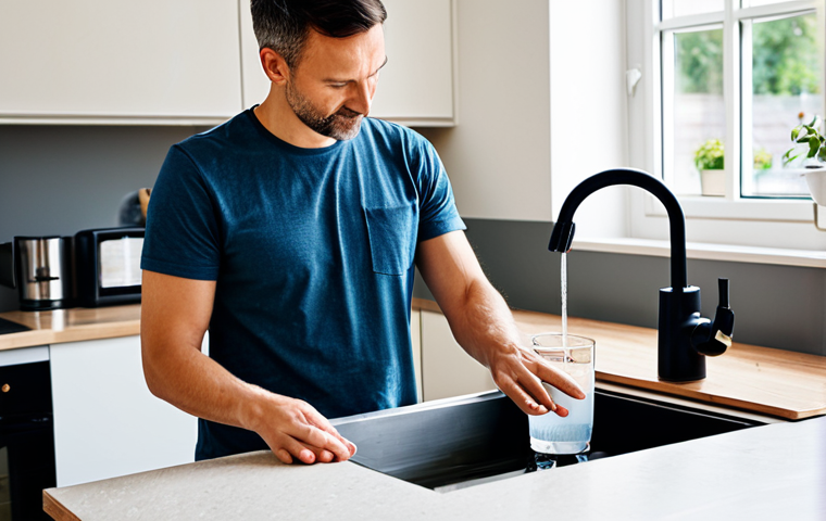 A responsible mid-30s person, fully clothed in a modest t-shirt and professional-style trousers, carefully filling a modern electric kettle with fresh water from a tap. The kettle is positioned on a stable, clean kitchen counter, away from the sink edge, with the water level clearly visible between the MIN and MAX indicators. The background is a bright, tidy, and modern kitchen. The scene is well-lit, professional photography, appropriate content, safe for work, family-friendly, perfect anatomy, correct proportions, natural pose, well-formed hands, proper finger count, natural body proportions, high quality, sharp focus.