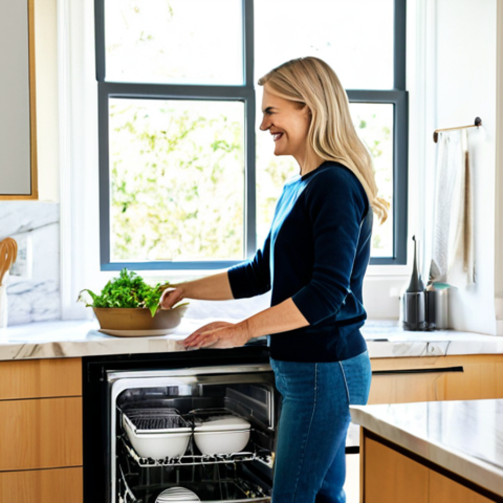 Modern Kitchen Scene**

"A bright, modern French kitchen with stainless steel appliances, including a sleek refrigerator and oven. The kitchen features light wood cabinets and a marble countertop. A woman, fully clothed in casual, appropriate attire, is smiling as she loads dishes into a modern dishwasher. Natural light streams in from a large window. Safe for work, appropriate content, fully clothed, professional photography, perfect anatomy, correct proportions, family-friendly."

**