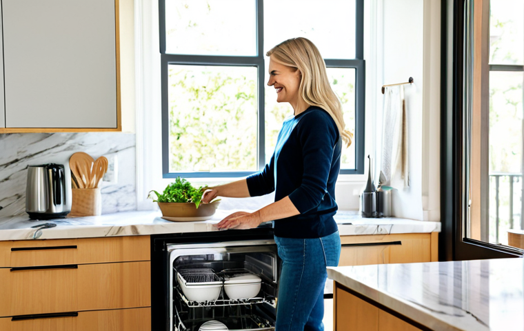 Modern Kitchen Scene**

"A bright, modern French kitchen with stainless steel appliances, including a sleek refrigerator and oven. The kitchen features light wood cabinets and a marble countertop. A woman, fully clothed in casual, appropriate attire, is smiling as she loads dishes into a modern dishwasher. Natural light streams in from a large window. Safe for work, appropriate content, fully clothed, professional photography, perfect anatomy, correct proportions, family-friendly."

**
