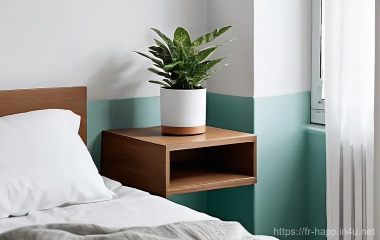 공기청정기 가성비 모델 - Image Prompt 1: Cozy Bedroom with Compact Air Purifier**