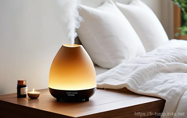 디퓨저 선택 팁 - **Prompt 1: Serene Bedroom Retreat with Ultrasonic Diffuser**
A cozy, minimalist bedroom bathed ...