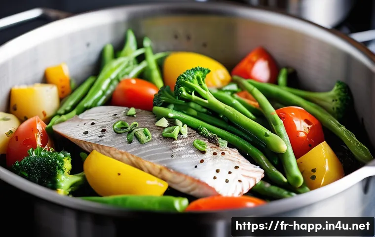 전자레인지 대체 조리기구 - **Prompt for Steaming:**
    "A vibrant, close-up shot of a stainless steel steamer basket filled wi...