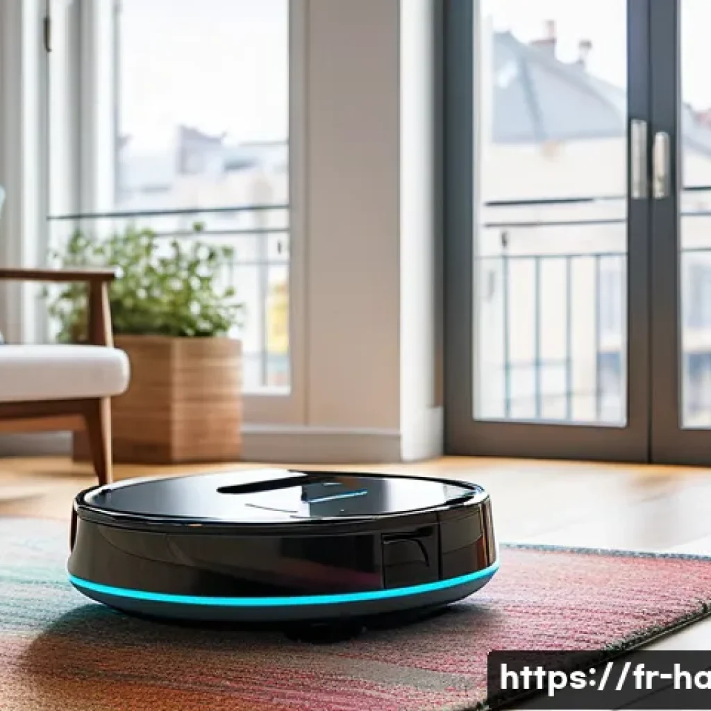 로봇청소기의 내비게이션 기술 - A sleek, modern robotic vacuum cleaner navigating a bright, contemporary French apartment with diver...