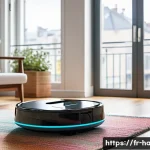 로봇청소기의 내비게이션 기술 - A sleek, modern robotic vacuum cleaner navigating a bright, contemporary French apartment with diver...