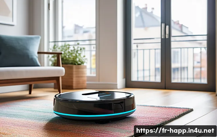 로봇청소기의 내비게이션 기술 - A sleek, modern robotic vacuum cleaner navigating a bright, contemporary French apartment with diver...