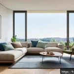에어컨 자동모드 설정 - A modern, sleek living room in a French apartment with large sunlit bay windows showing a bright sum...