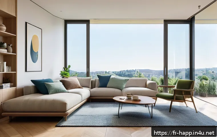 에어컨 자동모드 설정 - A modern, sleek living room in a French apartment with large sunlit bay windows showing a bright sum...