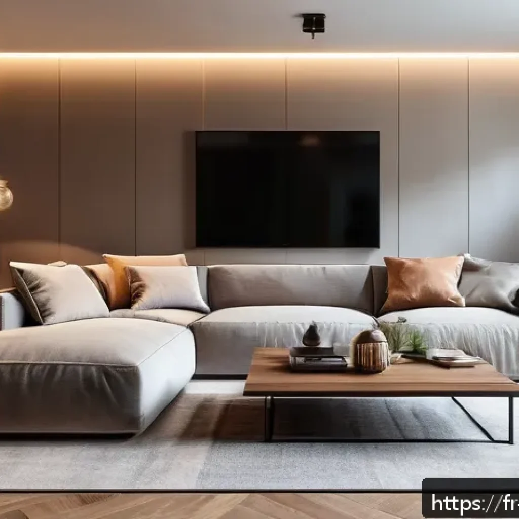 LED 조명 장점 - A modern French living room bathed in soft, warm LED lighting, featuring elegant furniture with cozy...