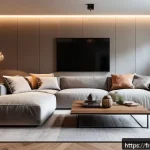 LED 조명 장점 - A modern French living room bathed in soft, warm LED lighting, featuring elegant furniture with cozy...