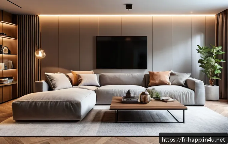 LED 조명 장점 - A modern French living room bathed in soft, warm LED lighting, featuring elegant furniture with cozy...