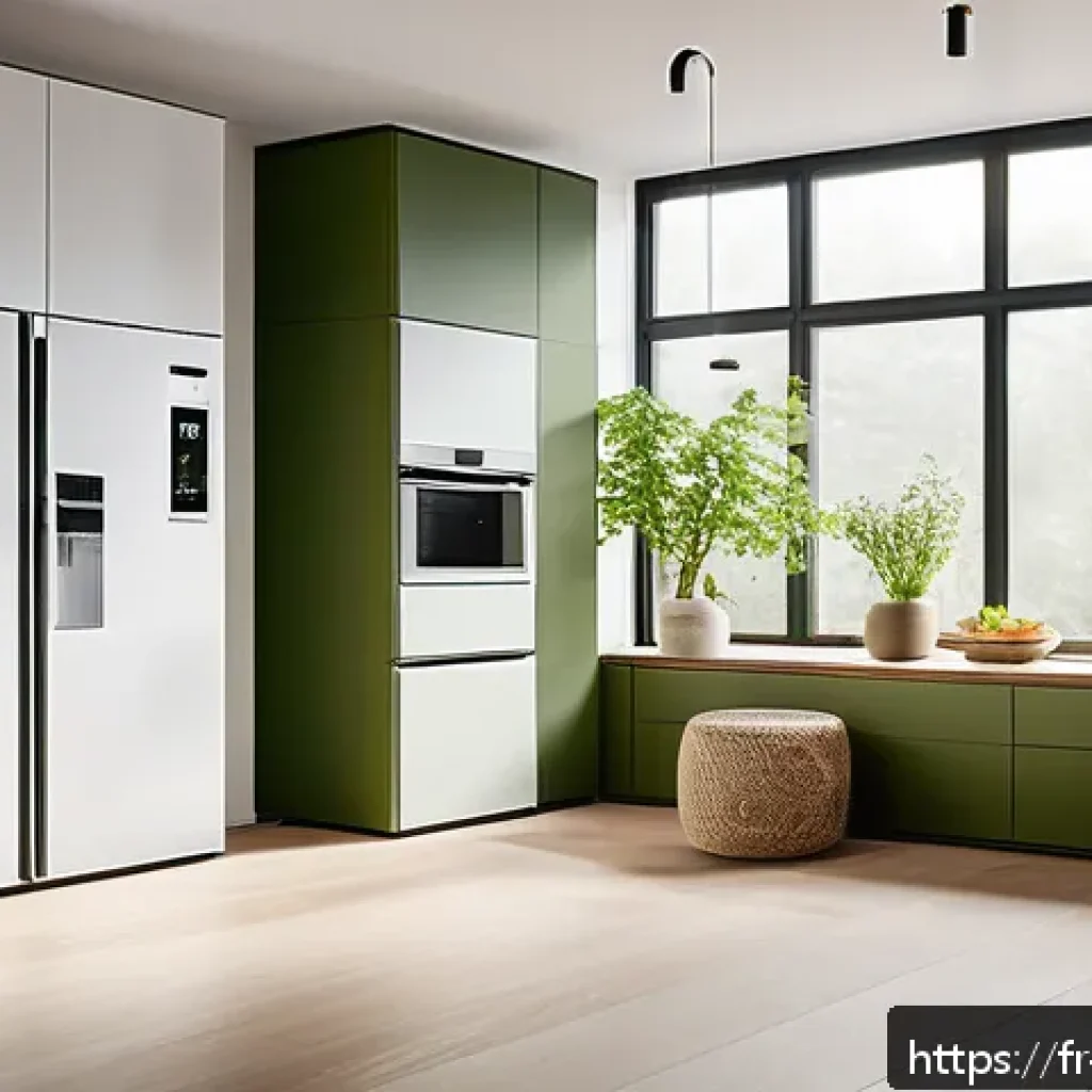가전제품 브랜드 비교 - A modern, eco-friendly kitchen scene featuring smart connected appliances such as a refrigerator, wa...