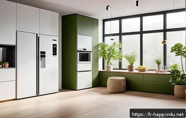 가전제품 브랜드 비교 - A modern, eco-friendly kitchen scene featuring smart connected appliances such as a refrigerator, wa...