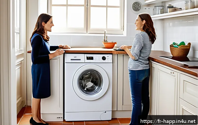 홈가전 고장 사례와 예방 - A modern French kitchen scene featuring a family checking their household appliances for maintenance...