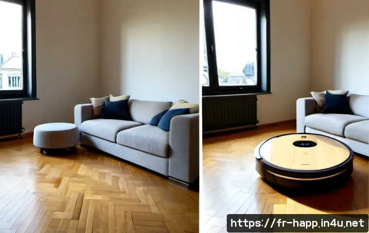 Home 17 로봇청소기와 진공청소기 비교 - Photorealistic side-by-side comparison in a bright modern French apartment living room: a round robo...