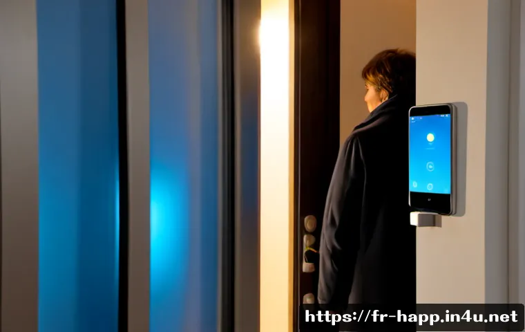 스마트홈 보안 팁 - Photorealistic modern French apartment entryway at dusk, a middle-aged homeowner checking a small sm...