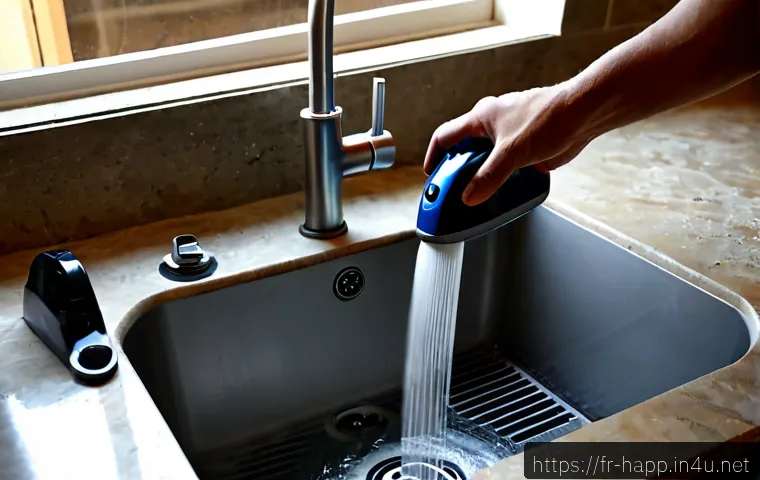 청소기 필터 세척법 - Photorealistic French apartment utility sink scene, a clean vacuum cleaner HEPA filter being gently ...