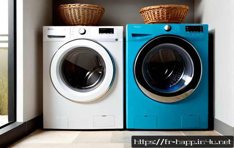 Home 17 세탁기 물 사용량 비교 - Photorealistic French laundry room comparison scene, two modern front-loading washing machines side ...